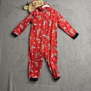 Reindeer Boys Girls Hooded Pajamas Christmas Holiday Size 5T EUC 1 Piece